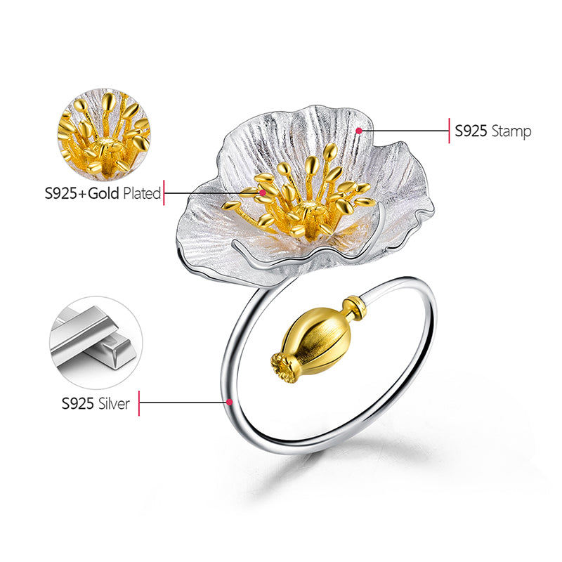 Blooming Poppies Flower Adjustable Ring