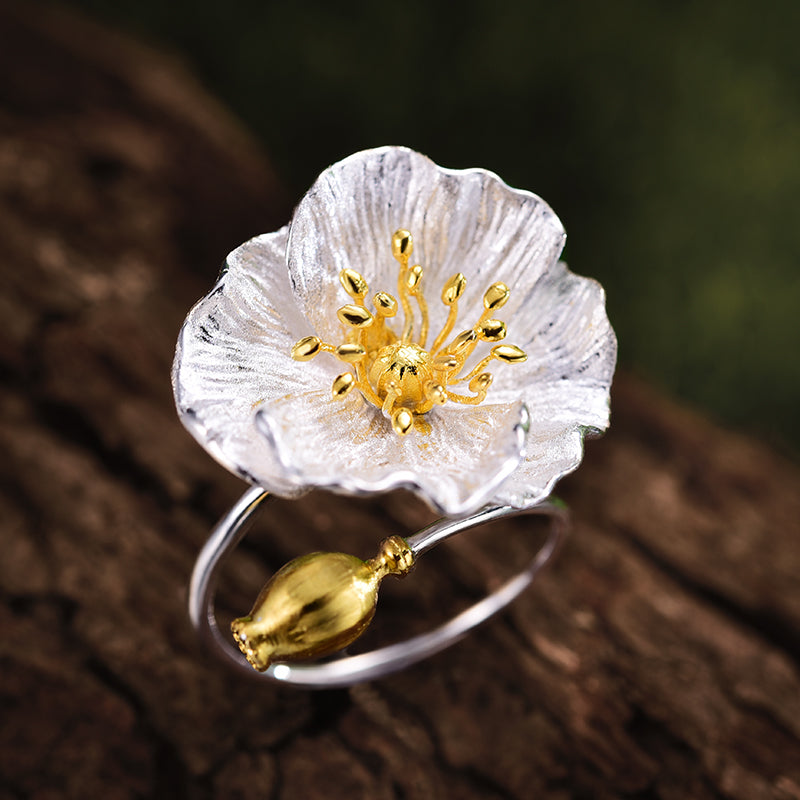 Blooming Poppies Flower Adjustable Ring